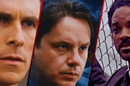 Montagem com Christian Bale como Batman, Will Smith em À Procura da Felicidade e um terceiro ator de cinema, acompanhados de suas frases mais famosas.