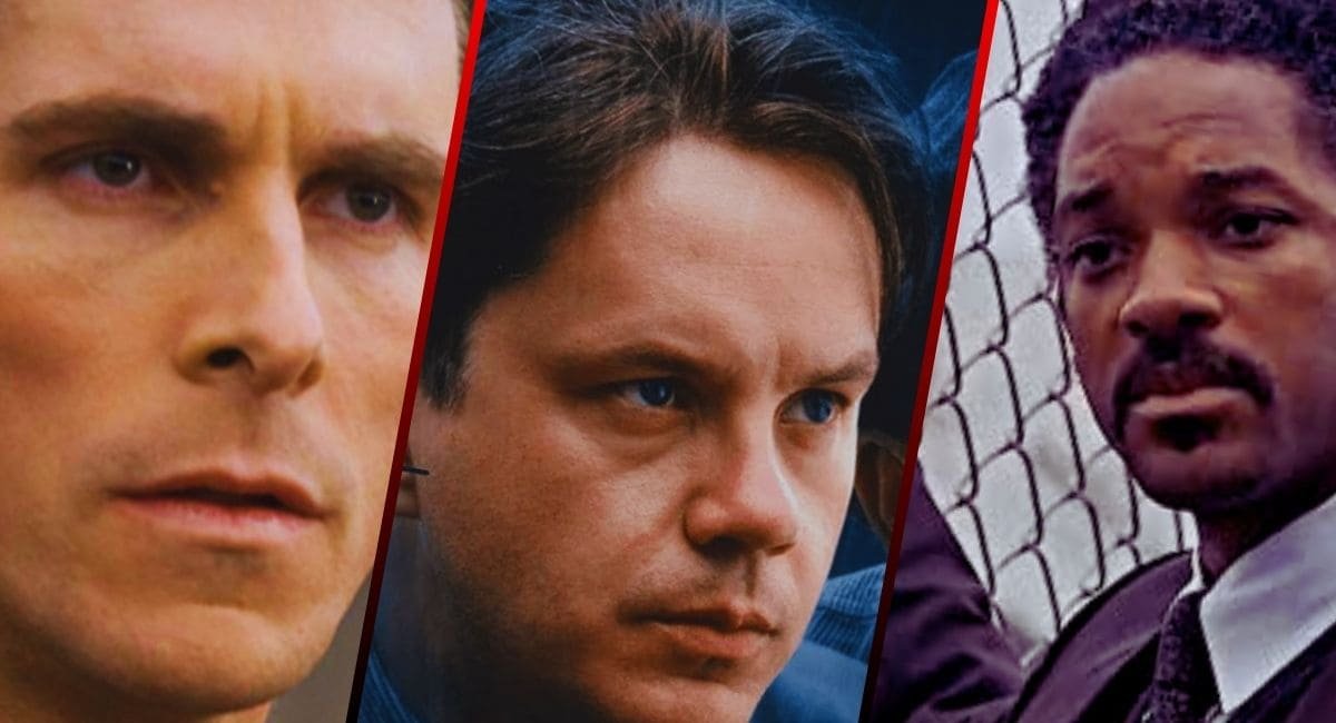 Montagem com Christian Bale como Batman, Will Smith em À Procura da Felicidade e um terceiro ator de cinema, acompanhados de suas frases mais famosas.