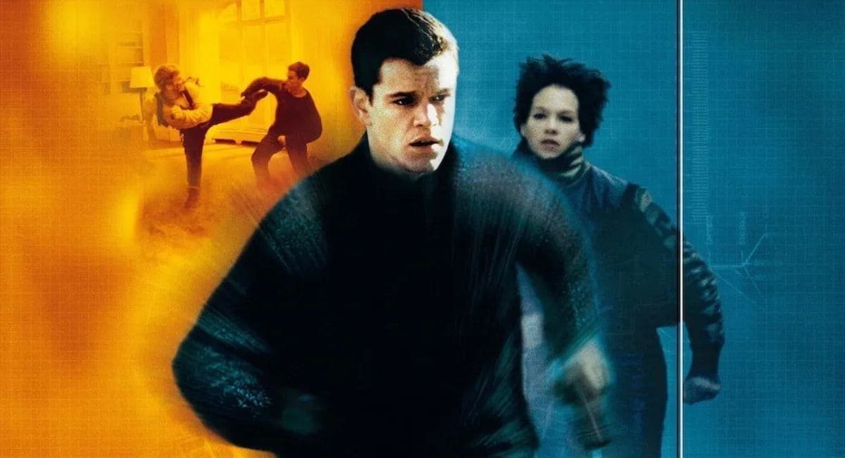 Cena do filme A Identidade Bourne (2002) com montagem de um homem e uma mulher correndo e dois homens lutando sobre um fundo amarelado estilizado.