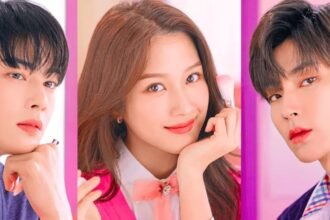 Montagem da série Beleza Verdadeira com a atriz Moon Ga-young no centro, entre os atores Cha Eun-woo e Hwang In-yeop, em uniformes escolares coreanos.