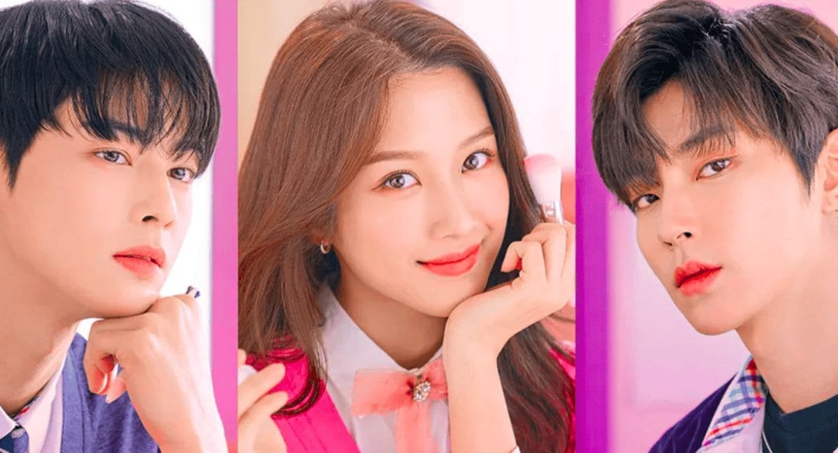 Montagem da série Beleza Verdadeira com a atriz Moon Ga-young no centro, entre os atores Cha Eun-woo e Hwang In-yeop, em uniformes escolares coreanos.