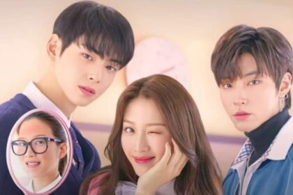 Moon Ga-young no meio piscando o olho, ladeada por Cha Eun-woo e Hwang In-yeop em uniforme escolar, olhando para frente em Beleza Verdadeira.