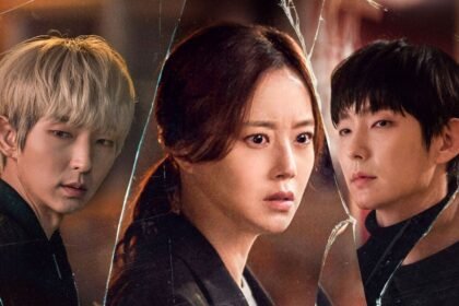 Montagem de Flower of Evil com Lee Joon-gi (de cabelo loiro/amarelo), a atriz Moon Chae-won no centro e o ator Jang Hee-jin à direita.