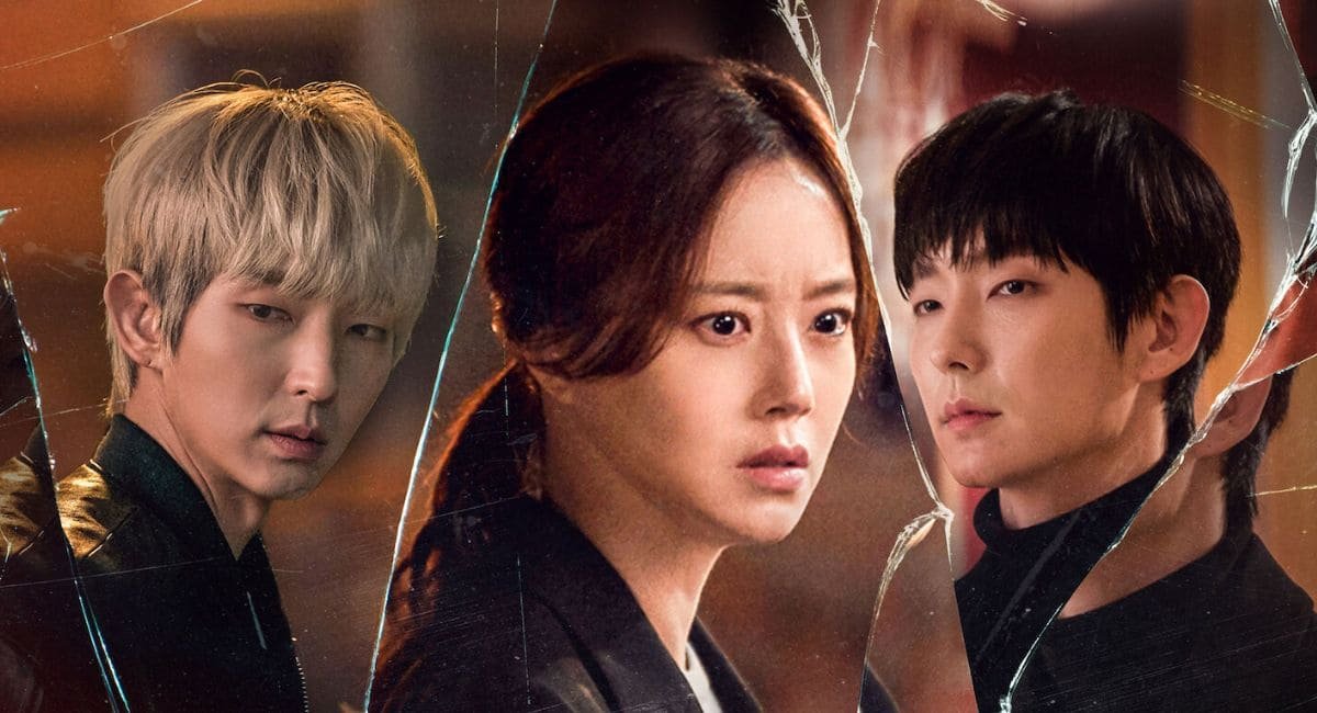 Montagem de Flower of Evil com Lee Joon-gi (de cabelo loiro/amarelo), a atriz Moon Chae-won no centro e o ator Jang Hee-jin à direita.