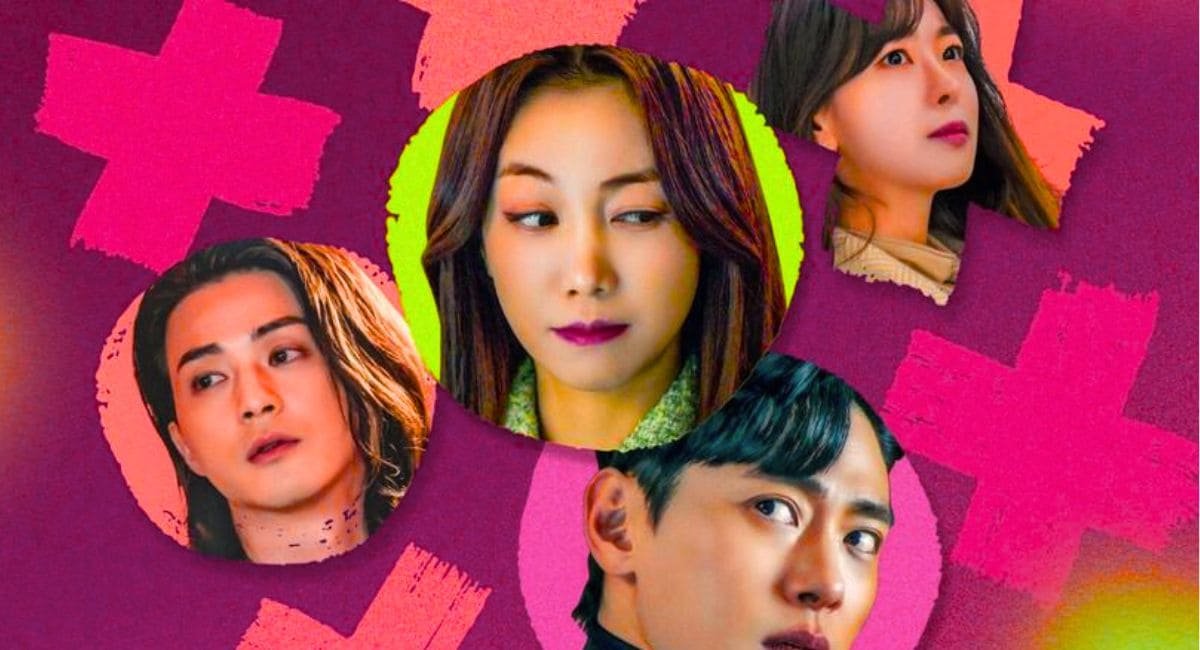 Atores Kim Ok-vin, Yoo Teo, Kim Ji-hun e Go Won-hee posando juntos contra um fundo rosa vibrante na série Love to Hate You.