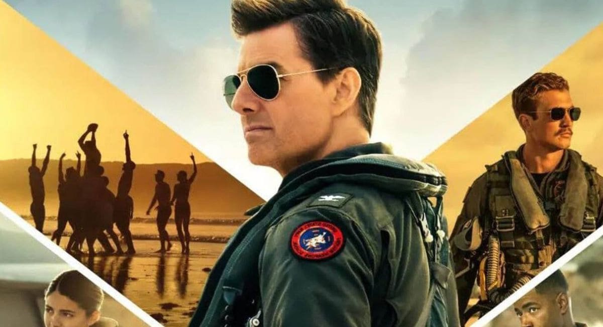 Tom Cruise e Miles Teller usando óculos escuros estilo aviador em cena do filme Top Gun: Maverick (2022).