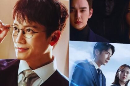 Imagem com atores e atrizes coreanos, tem um ator de óculos.