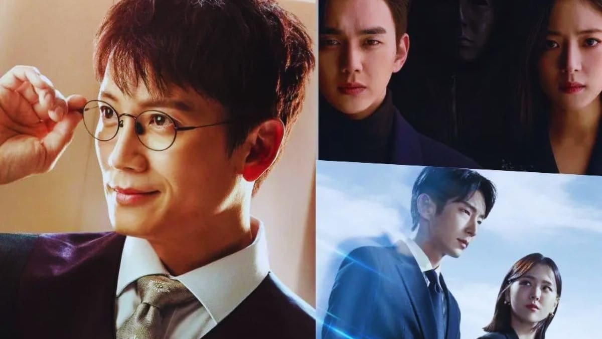 Imagem com atores e atrizes coreanos, tem um ator de óculos.